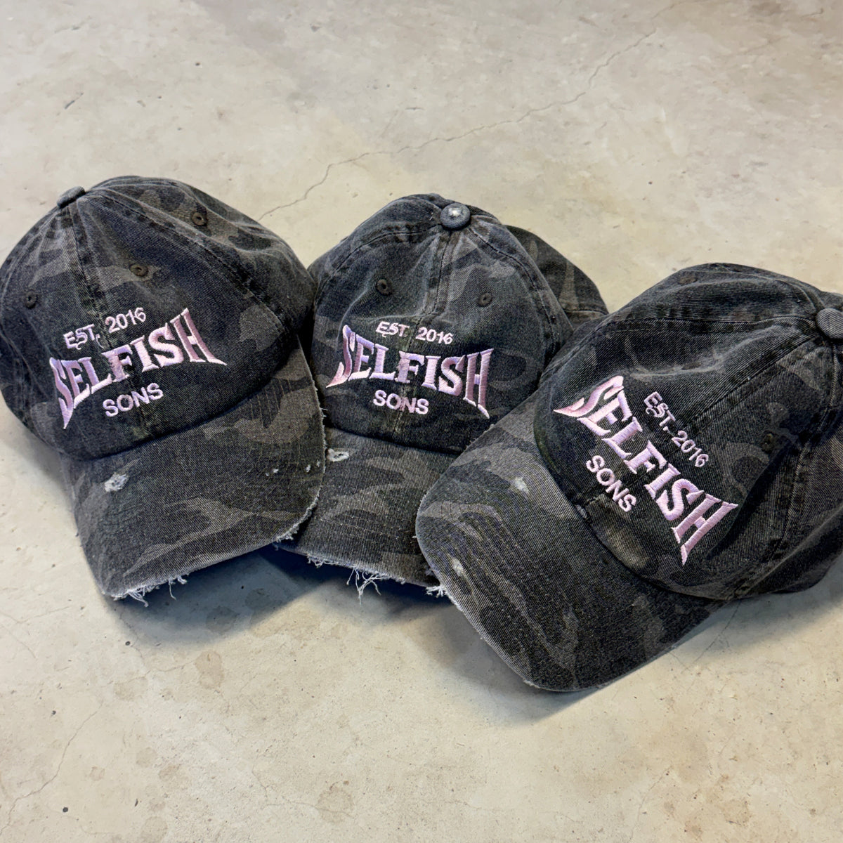 selfish distressed camo cap
